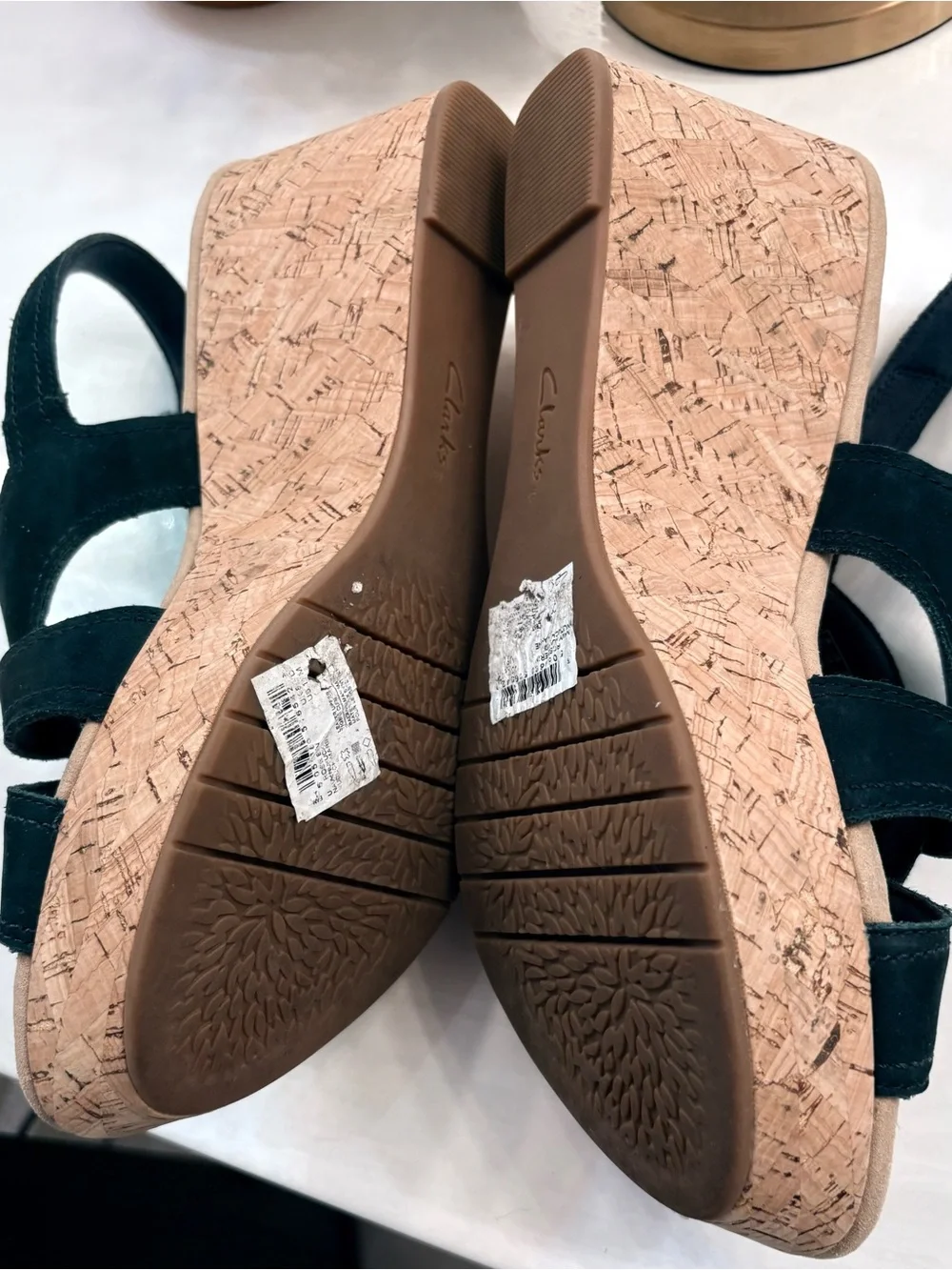 Clarks Black Suede Cork Wedge Sandals